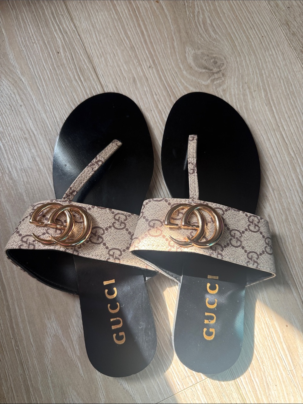 Gucci Beige GG Monogram Sandals with Bronze Double G